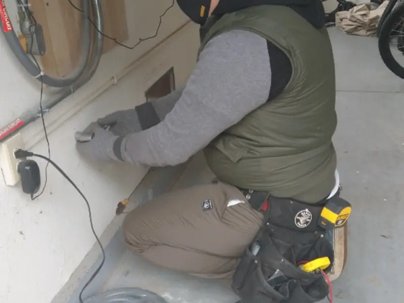 Electrician performing outlet wiring in a Lantana garage